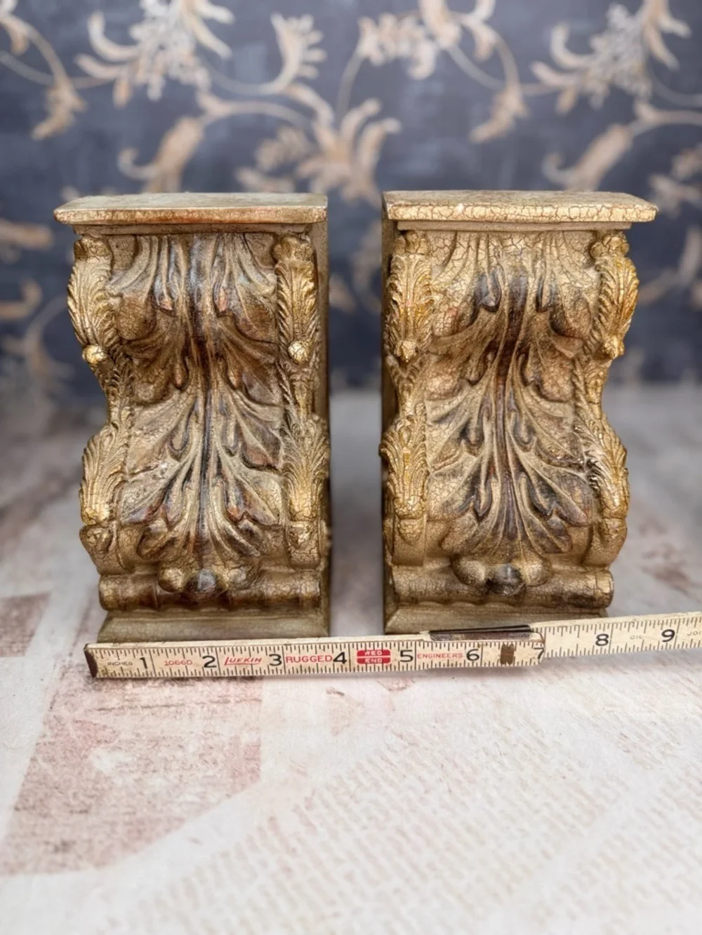 Vintage Ornate Bookends Faux Bois Resin Wood Gilt Scroll Pair